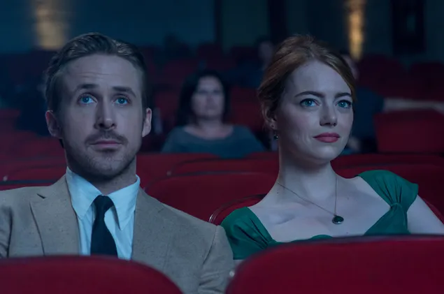 La la land - Mia dhe Sebastian në një takim filmi 6K sfond