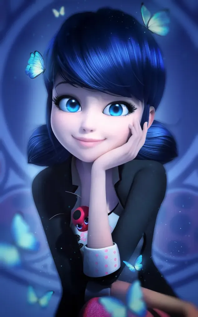 レディーバーグのアニメ映画の面白いキャラクター 青い目、青い髪、あごに手を持つ美しい少女のポーズ