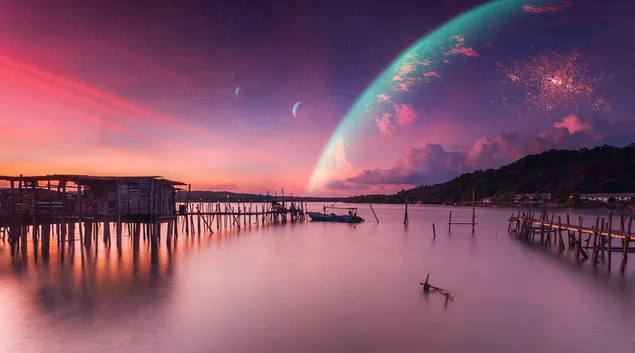 Seeblick mit Vollmond und violettem Himmel 4K Hintergrundbild