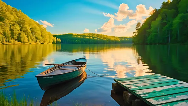 Qetësia buzë liqenit - Një skenë paqësore liqeni me një varkë të lidhur në një bankë prej druri, e rrethuar me gjelbërim të harlisur 4K sfond
