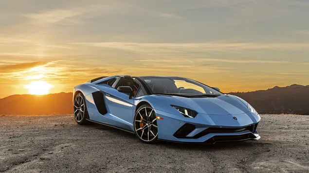 Lamborghini Aventador S Blau und Sonnenuntergang herunterladen
