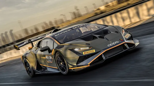Lamborghini Huracan Super Trofeo EVO2 2022 vista frontale e laterale 4K sfondo