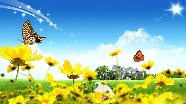 Pemandangan bunga kuning dan kupu-kupu di musim semi