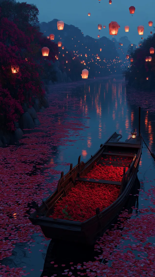 reka osvetlena lucernami s lodi plnou kvetin - romanticky nocni pohled stahnout