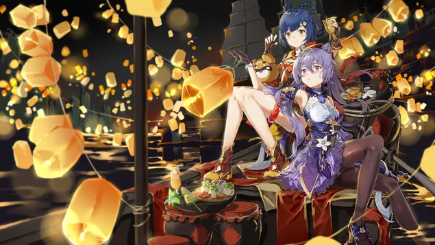 Lantern night dinner light | Keqing och Xiangling (Ganshin Impact) 6K bakgrund