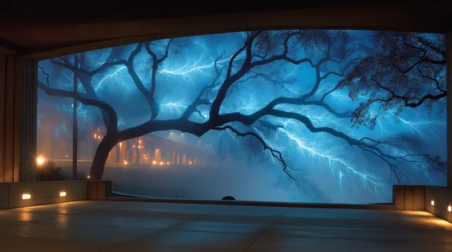 groot venster met dinamiese lichtenberg-boometsing aflaai