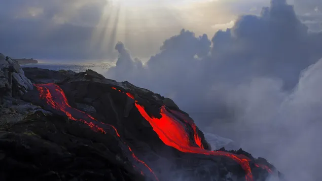 Lava flowing from mountain in sunny weather