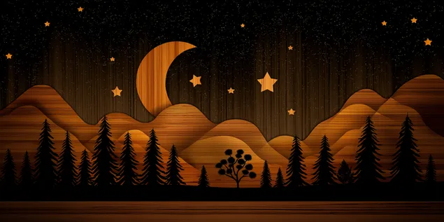 kerrostettu puupiirros yomaisema, jossa on kuunsirppi ja mantymetsa lataa