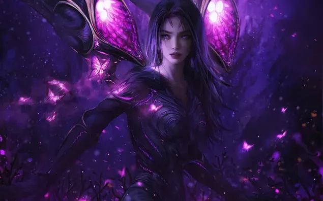 League of Legends anime female character in purple light field 6K wallpaper
