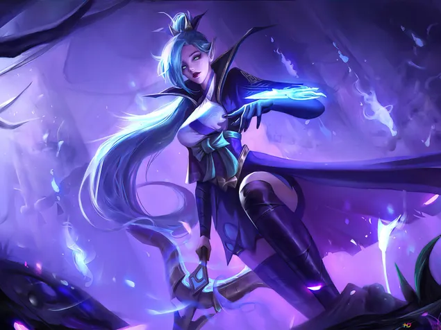 League of Legends pragtige meisie met lang blou hare 2K muurpapier