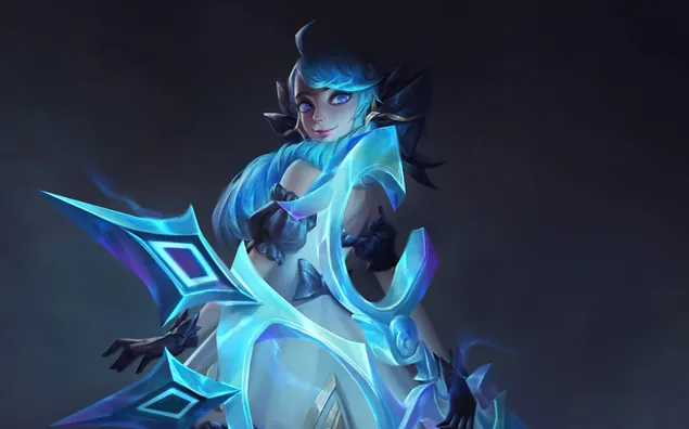 League of Legends blou hare anime meisie Gwen swaard pose 2K muurpapier
