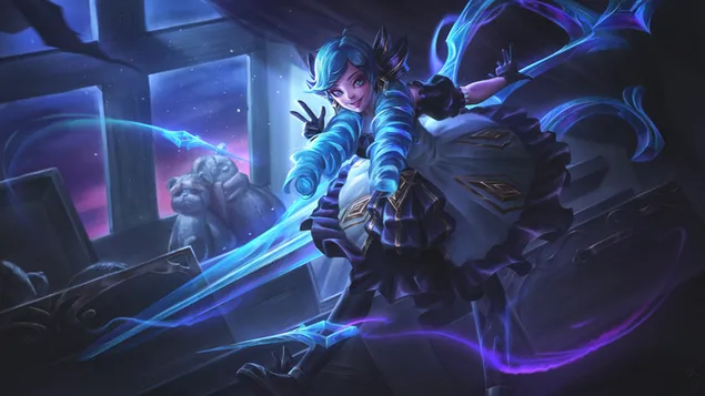 League of Legends blou hare anime meisie Gwen 2K muurpapier