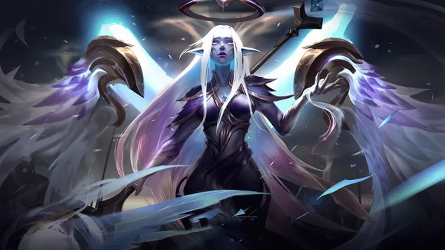 Legendų lyga (LOL) – aušros angelas „Soraka“ (fantastinis menas) 4K ekrano užsklanda
