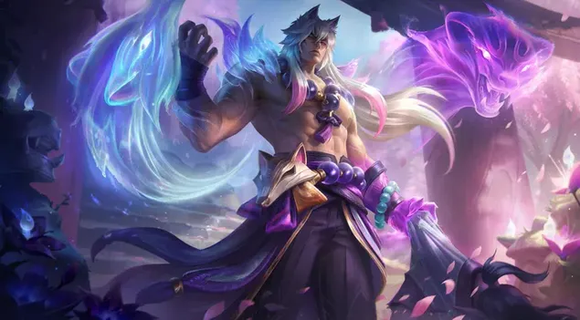 Karakter anime pria seri League of Legends Spirit Blossom di antara lampu yang tampak seperti naga ungu dan biru unduhan
