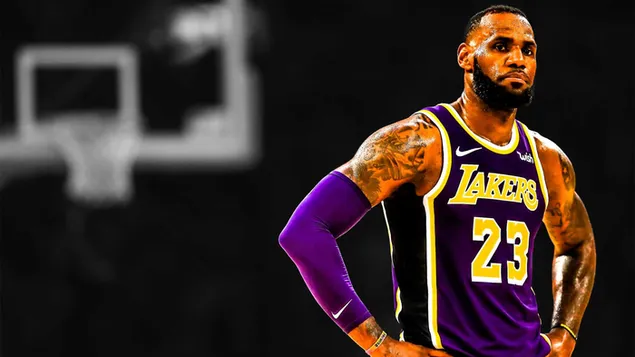 Lebron James mit schwarz-weißem Hintergrund und Lakers-Trikot HD Hintergrundbild