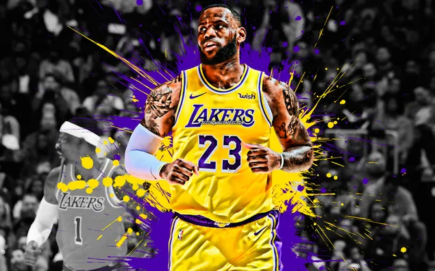 Lebron james with black and white background and lakers yellow jersey