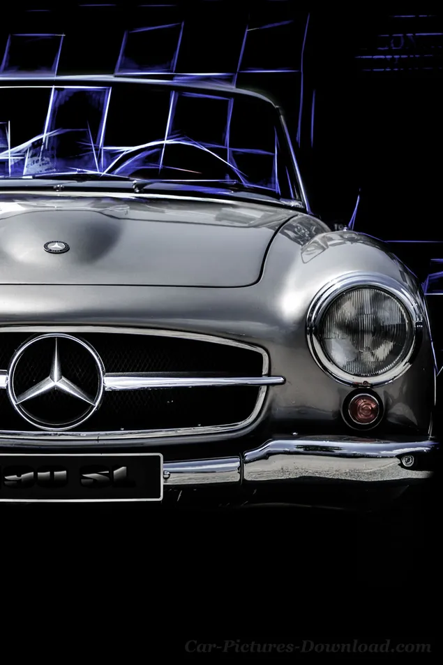 Legendarische vintage cabrio Mercedes voor paarse lichten achtergrond download