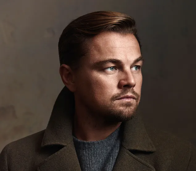 Leonardo Dicaprio dalam kot coklat dan baju sejuk kelabu 2K kertas dinding