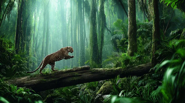 Leopardi duke kërcyer në një xhungël të harlisur 2K sfond