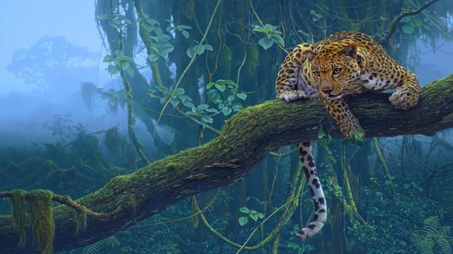 Leopard sitzt auf einem Ast im Dschungel 2K Hintergrundbild