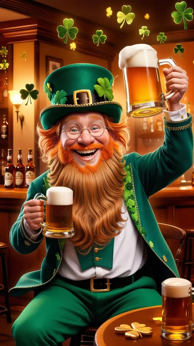 Leprechaun feiert mit einem Bier den St. Patrick's Day 4K Hintergrundbild