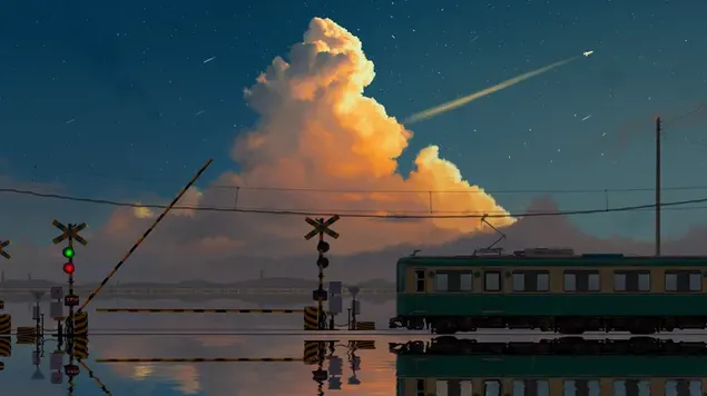 Leuchtende Wolken und Gezeitenlichter, die sich mit dem Zug auf dem Wasser spiegeln herunterladen