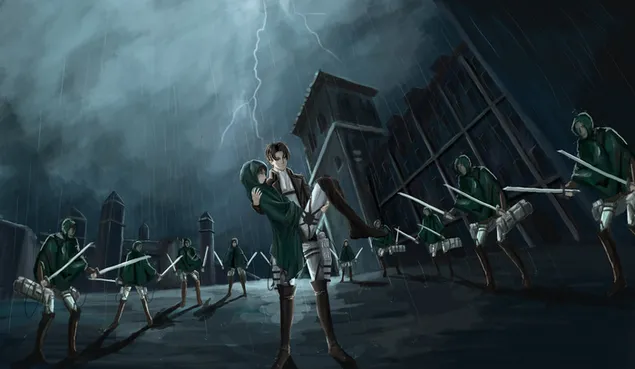 Levi Ackerman and anime girl action scene HD wallpaper