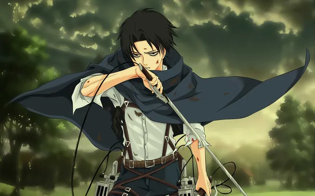 Levi Ackerman in cloudy open field 2K wallpaper