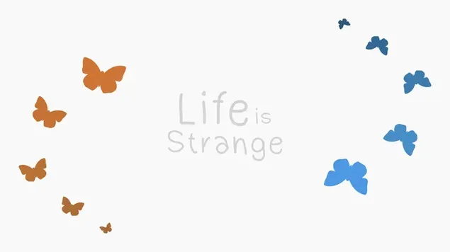 白地に青と茶色の蝶の間で「人生は奇妙です」の碑文 8K 壁紙