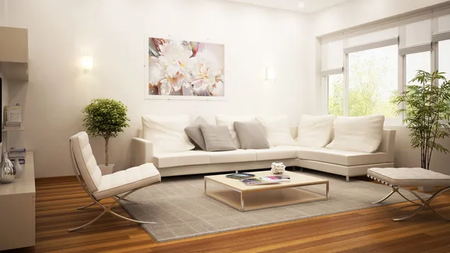 Conjunto de reposabrazos de color crema claro y diseño de sala de estar espaciosa 4K fondo de pantalla