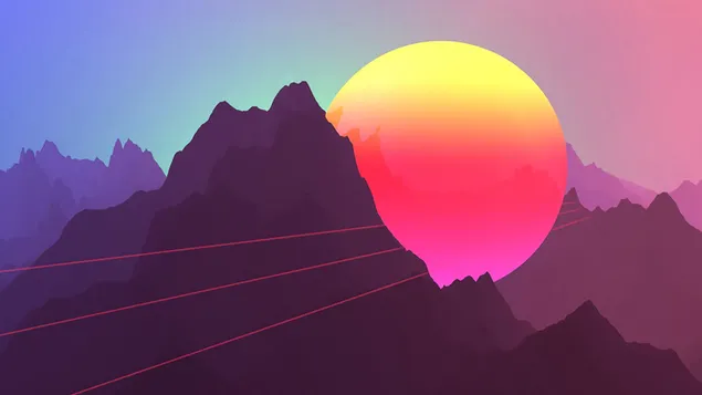 Lichtlandschaft mit Dämmerungsfelsen und rotgelbem Vollmond 2K Hintergrundbild