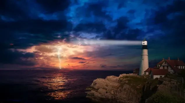 Mercusuar di bebatuan dan kilat menyambar di antara awan di malam hari 4K wallpaper