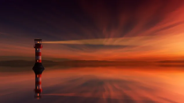 Vuurtoren weerspiegeld in de zee bij zonsondergang 4K achtergrond
