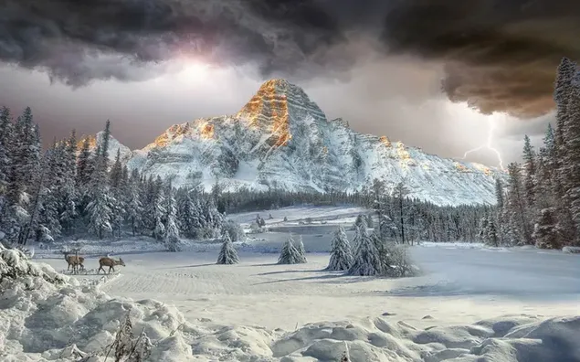 Petir menyambar di antara pepohonan bersalju, puncak batu bersalju, dan awan hujan di tanah yang tertutup salju