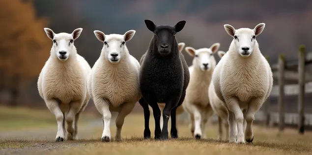 eine reihe weisser und ein schwarzes schaf stehen dicht beieinander auf dem feld. herunterladen