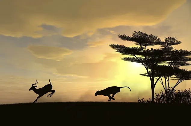 Löwen- und Baumsilhouetten jagen Gazellen im Sonnenlicht 2K Hintergrundbild