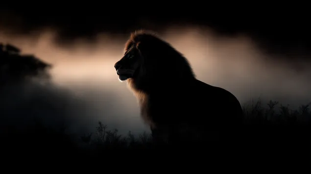 Ταπετσαρία Σιλουέτα λιονταριού σε έναν ζεστό, ομιχλώδη ορίζοντα στο σούρουπο 2K