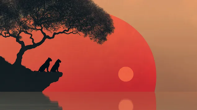 Levje silhuete na pečini ob panorami zahajajočega sonca 2K ozadje