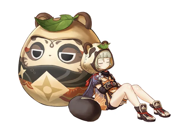 Klein anime meisie Sayu rus oor Daruma pop | Ganshin impak 2K muurpapier