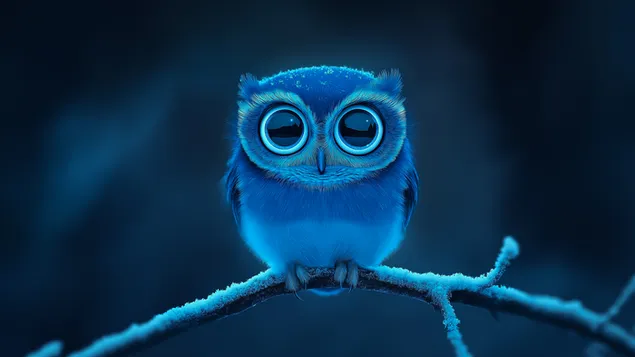 Burung hantu biru kecil dengan mata besar 2K wallpaper