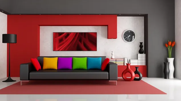Diseño de salón con sillón gris y paredes pintadas de gris y rojo 4K fondo de pantalla