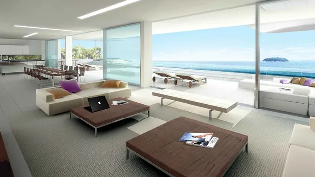 Ruang tamu dengan dua meja kayu coklat persegi dan ruang sofa putih 4K kertas dinding