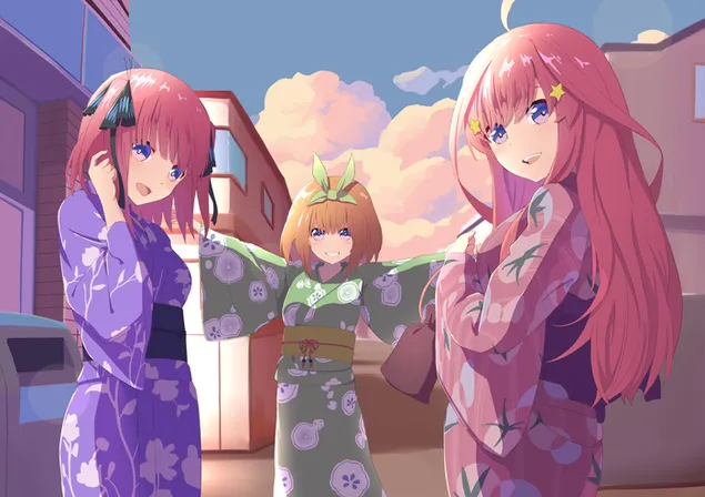 Loạt truyện tranh Quintessential Quintuplets những cô gái anime xinh đẹp với mái tóc hồng và những chiếc váy màu xanh lá cây, tím và hồng