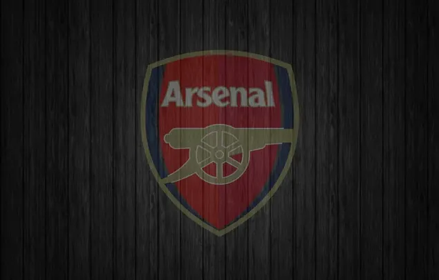 Logotip del club de futbol Arsenal dissenyat sobre un fons negre de fusta 2K fons de pantalla