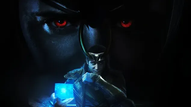 לוקי עם אבני חלל ועיניו הרעות מוצגות מאחוריו 4K טפט