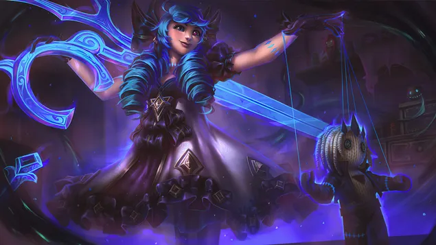 lol garota de anime de cabelo azul gwen em um vestido preto download