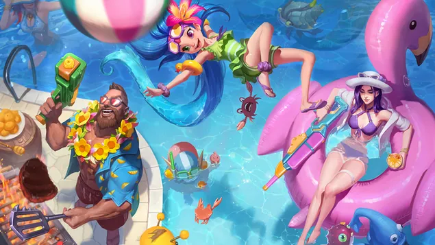 (LOL) League of Legends: Pool Party Zoe met Caitlyn & Gangplank 8K achtergrond