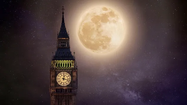 Timelapse van de Londense Big Ben-toren met geweldige volle maan