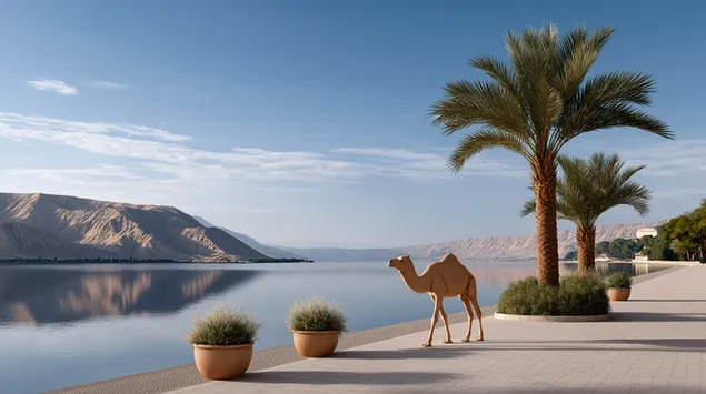 Usamljena kamila pored bazena Desert Oasis u Golden Hour Serenityju 2K pozadina