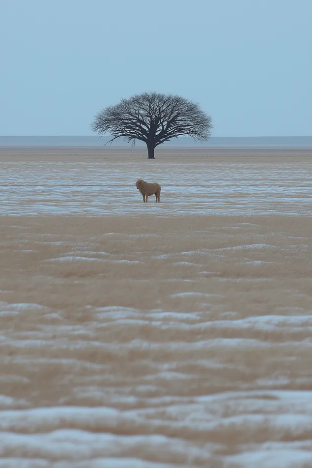Páipéar balla Créatúr Aonair le Crann Uaigneach ar Thírdhreach Lom fairsing2K